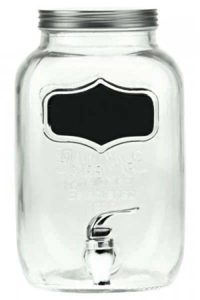 Getränkespender 3500ml aus Glas, mit Hahn und Tafel, kompl. mit silbernem Metall-Deckel